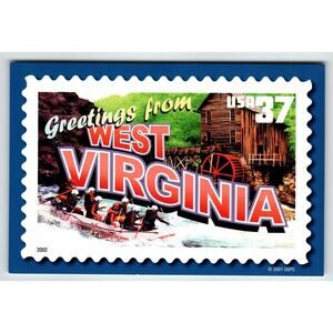 Greetings From West Virginia Large Letter Chrome Postcard USPS 2001 Rafting Mill